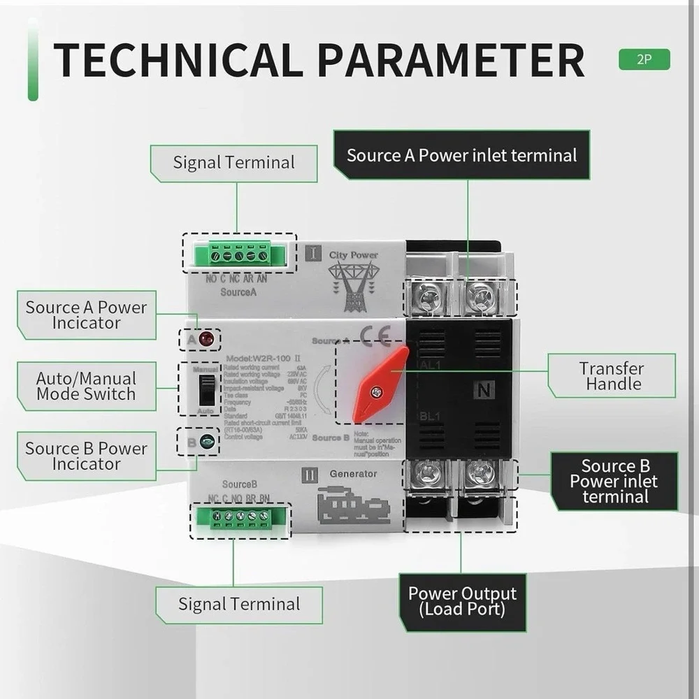63Amp AC110V Automatic/Manual Transfer Switch 3P 50/60Hz, 3POLE 63A Mini ATS ...